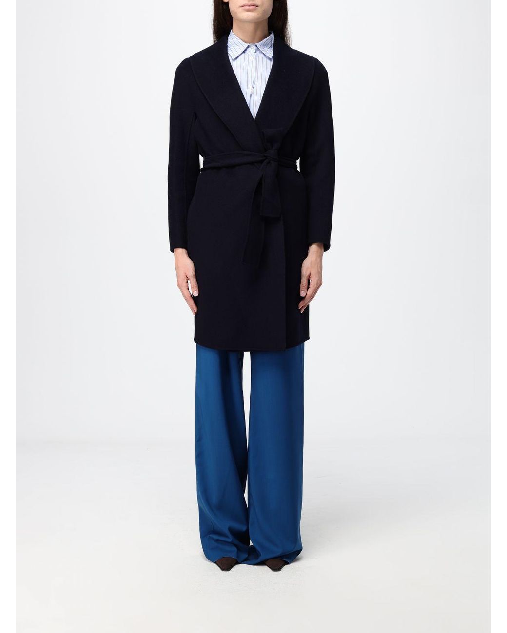 Max Mara Blue Estremo Long Wool And Cashmere Robe Coat With Belt