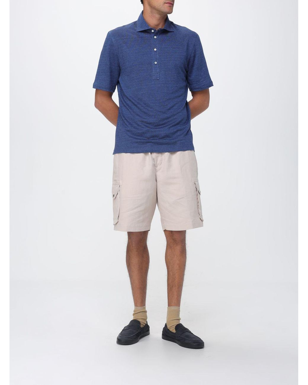Brunello Cucinelli Blue Linen And Cotton Polo Shirt for men
