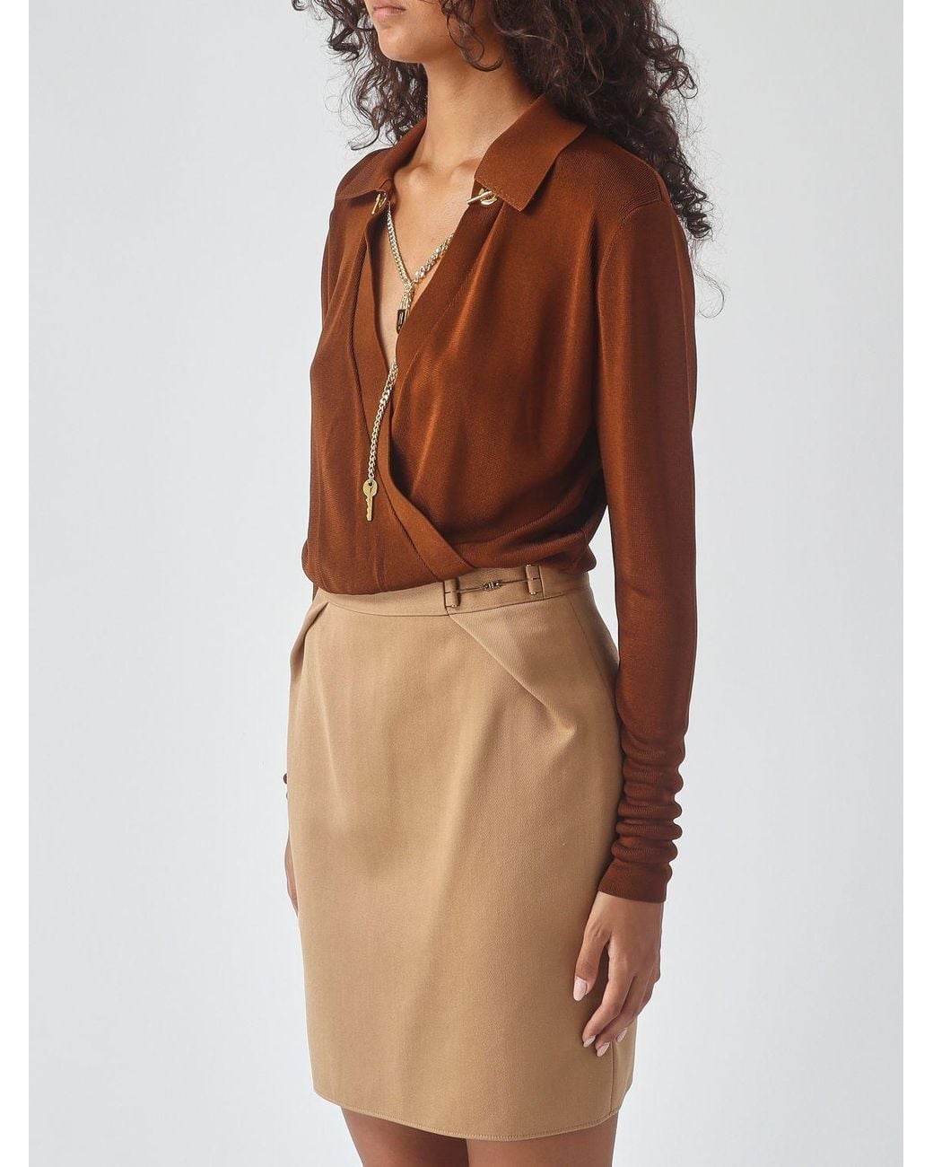 Elisabetta Franchi Brown Long-Sleeved Blouse With Metallic Mesh Details