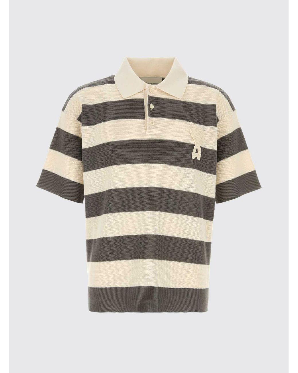 AMI Brown Striped Cotton Polo Shirt With Logo for men