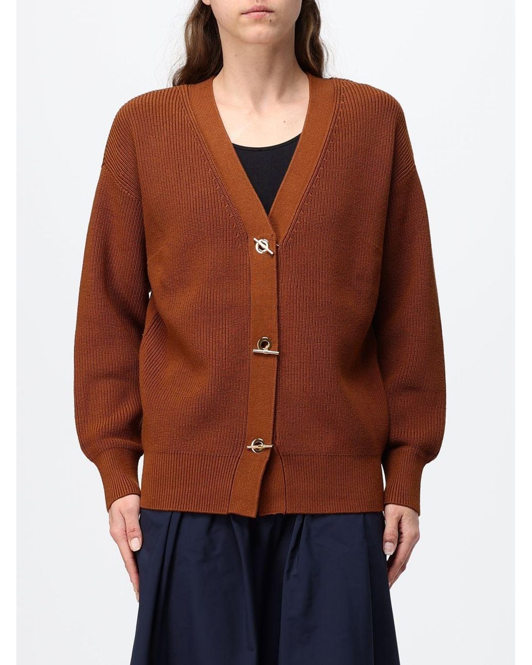 Elisabetta Franchi Brown V-Neck Viscose Blend Cardigan With Dropped Shoulders