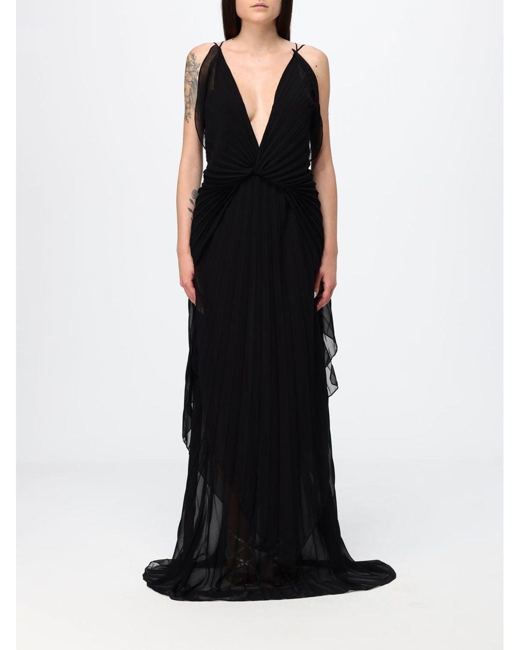 Genny Black Pleated Chiffon Evening Gown With Train