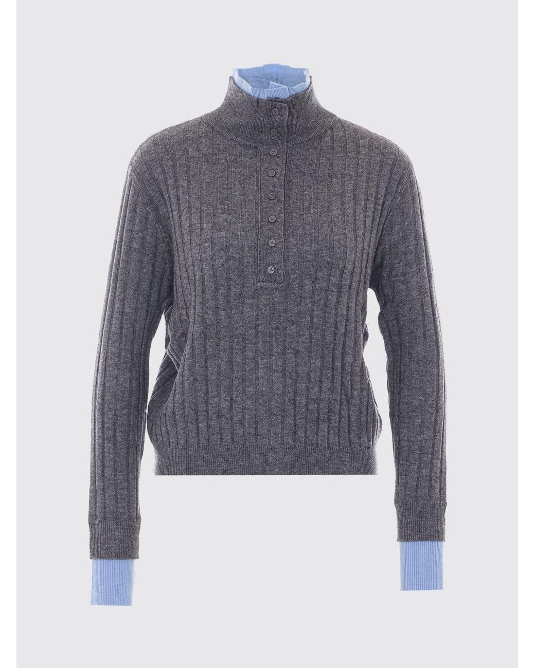 ELEH Blue Ruffle-Trimmed Wool Blend Roll Neck Jumper With Button Neck