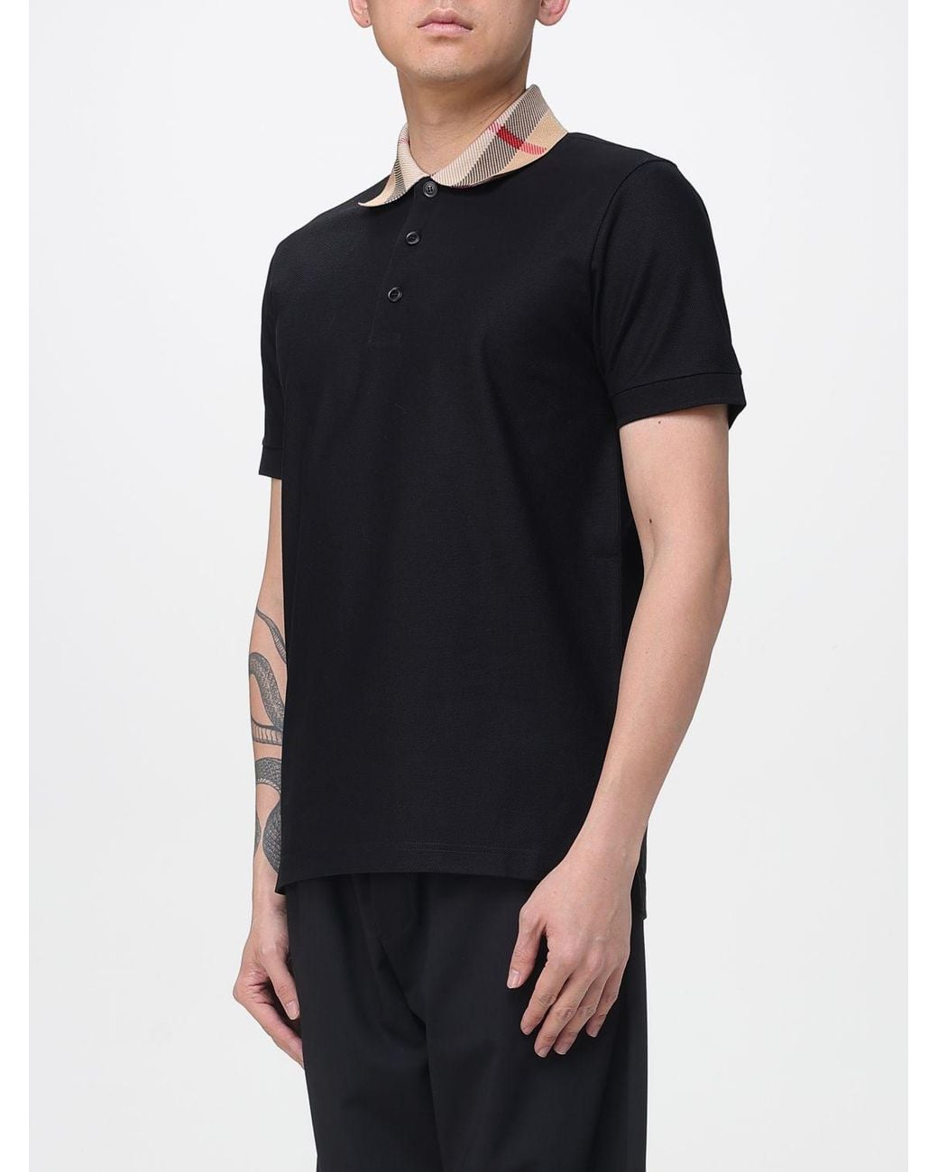 Burberry Black Cotton Polo Shirt With Check Collar for men