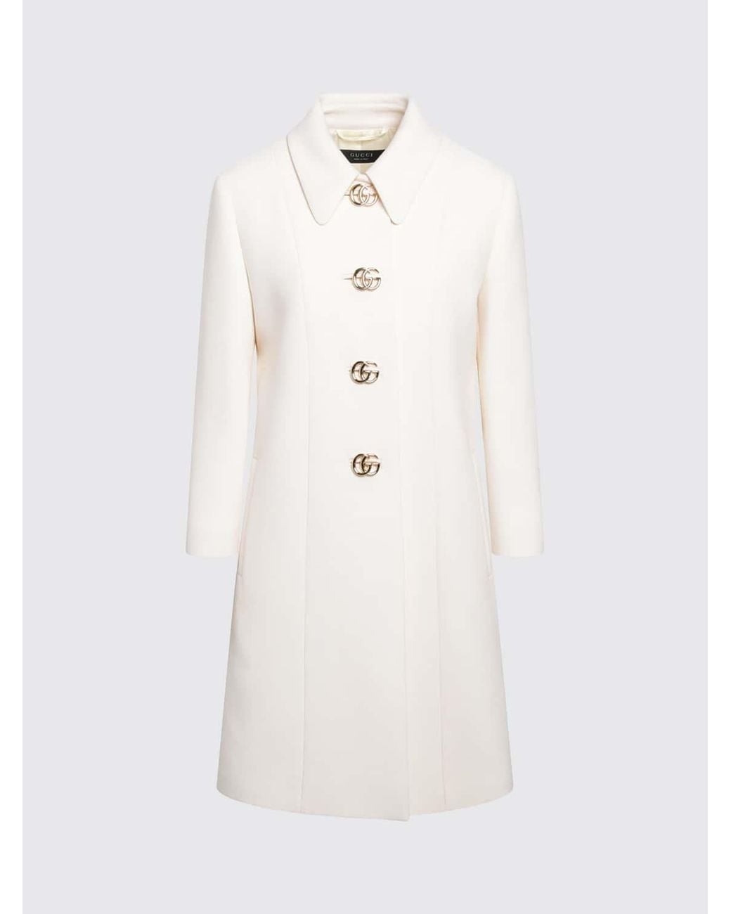 Abrigo De Botonadura Sencilla Hasta La Rodilla En Pura Lana Con Botones Gucci de color White