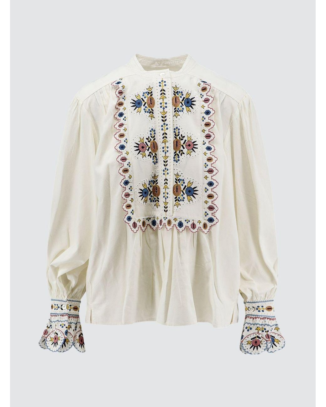 Isabel Marant White Embroidered Linen-Blend Blouse With Ruffled Shoulders