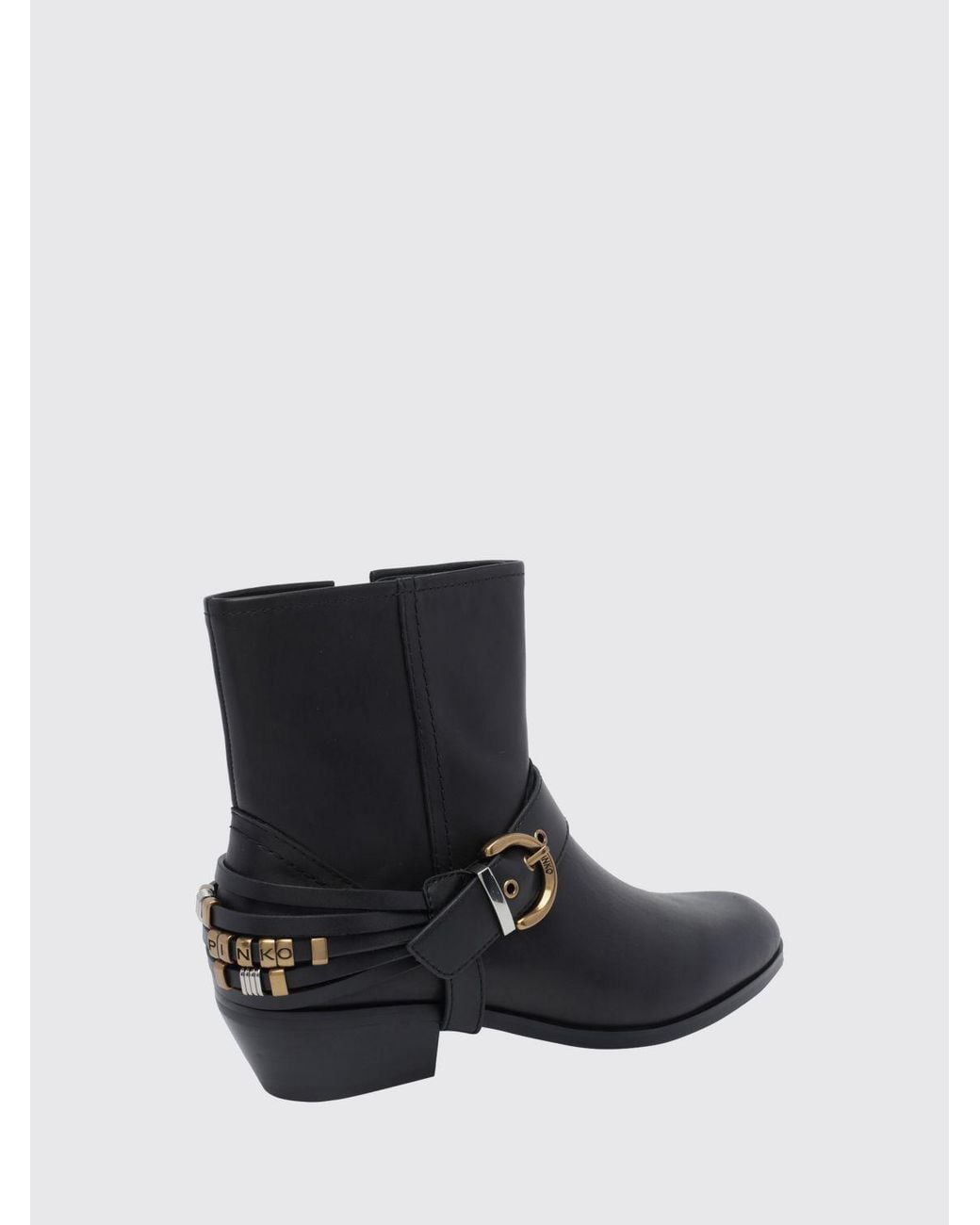 Pinko Black Low-Shaft Smooth Leather Western Boots With Embroidery And Pointed Toe