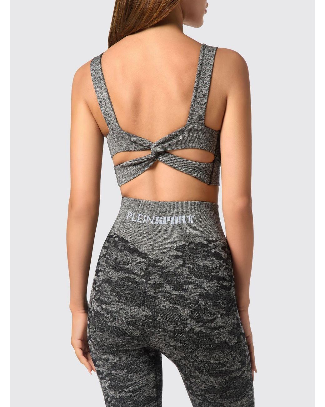 Philipp Plein Black Camouflage Print Cropped Jersey Sports Top With Thin Straps