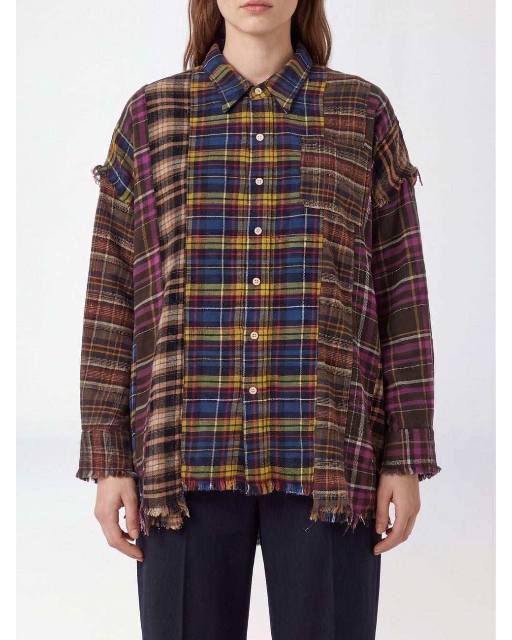 R13 Multicolor Patchwork Print Cotton Shirt With Frayed Hem