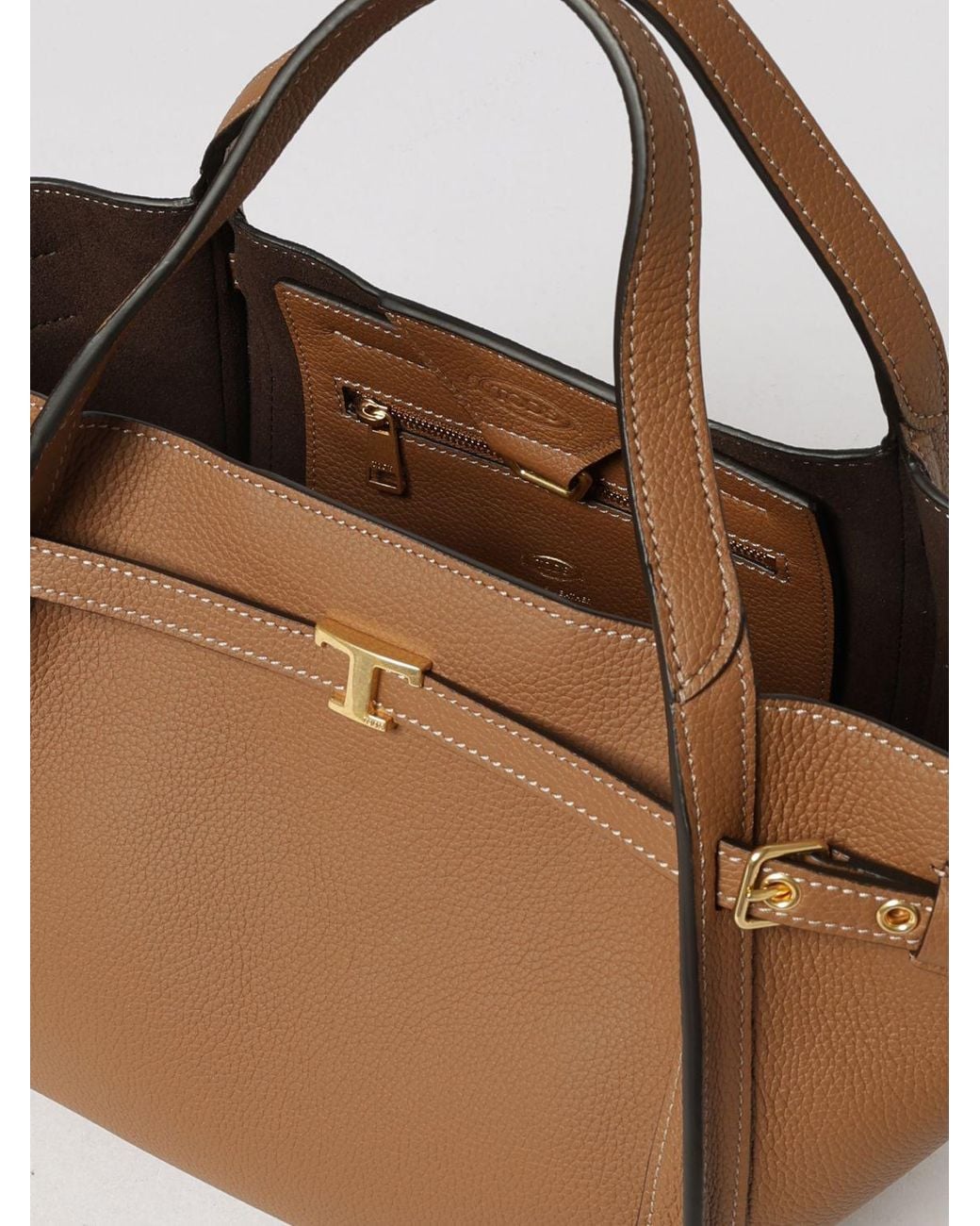 Tod's Brown T Signature Grained Leather Handbag With T Timeless Logo
