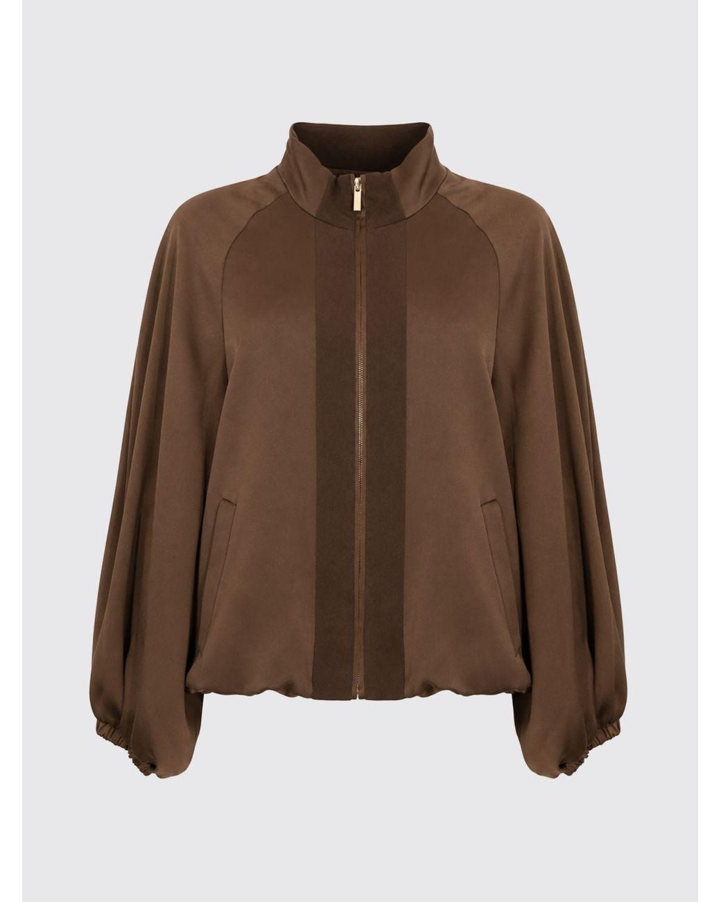 Twinset Brown Cropped Polyester Bomber Jacket With Balloon Sleeves