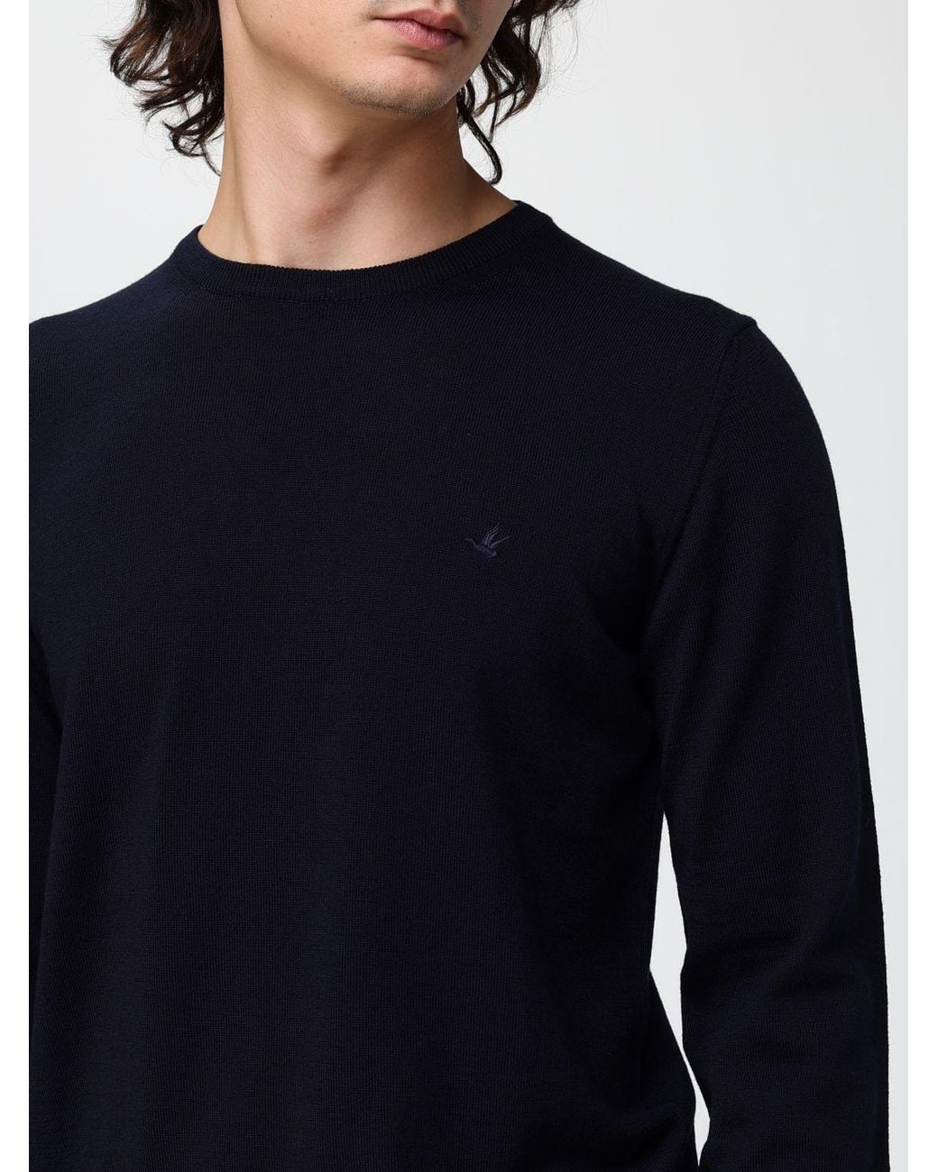 Brooksfield Blue Crewneck Wool Jumper With Long Sleeves And Ribbed Trims for men