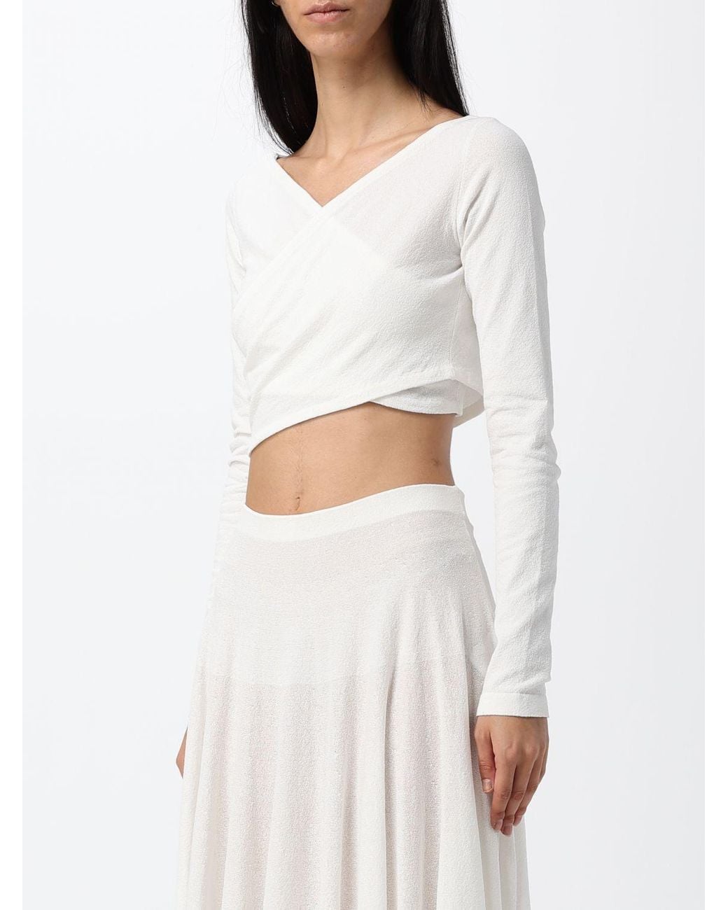Alaïa White Slim Fit Cropped V-Neck Long-Sleeved Top