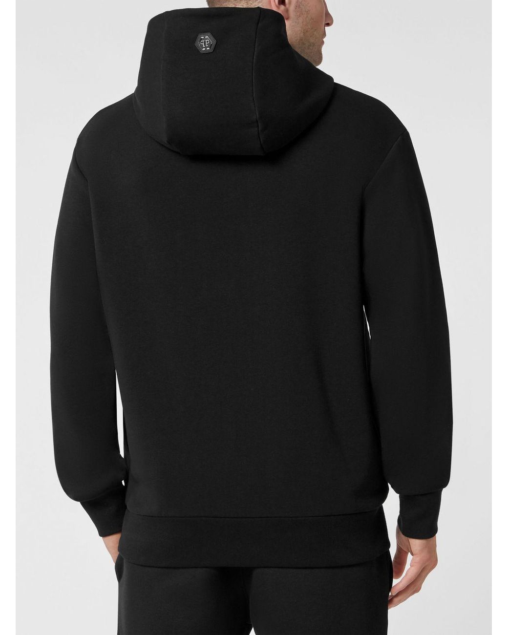 Philipp Plein Black Monogram Print Cotton Hoodie With Hexagon Logo And Dropped Shoulders for men