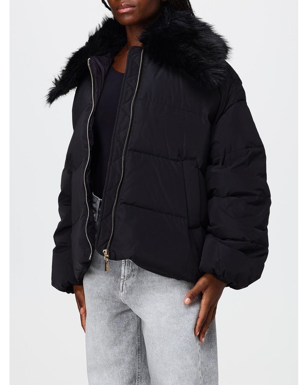 Twinset Black Water-Repellent Cropped Puffer Jacket With Removable Faux Fur Collar