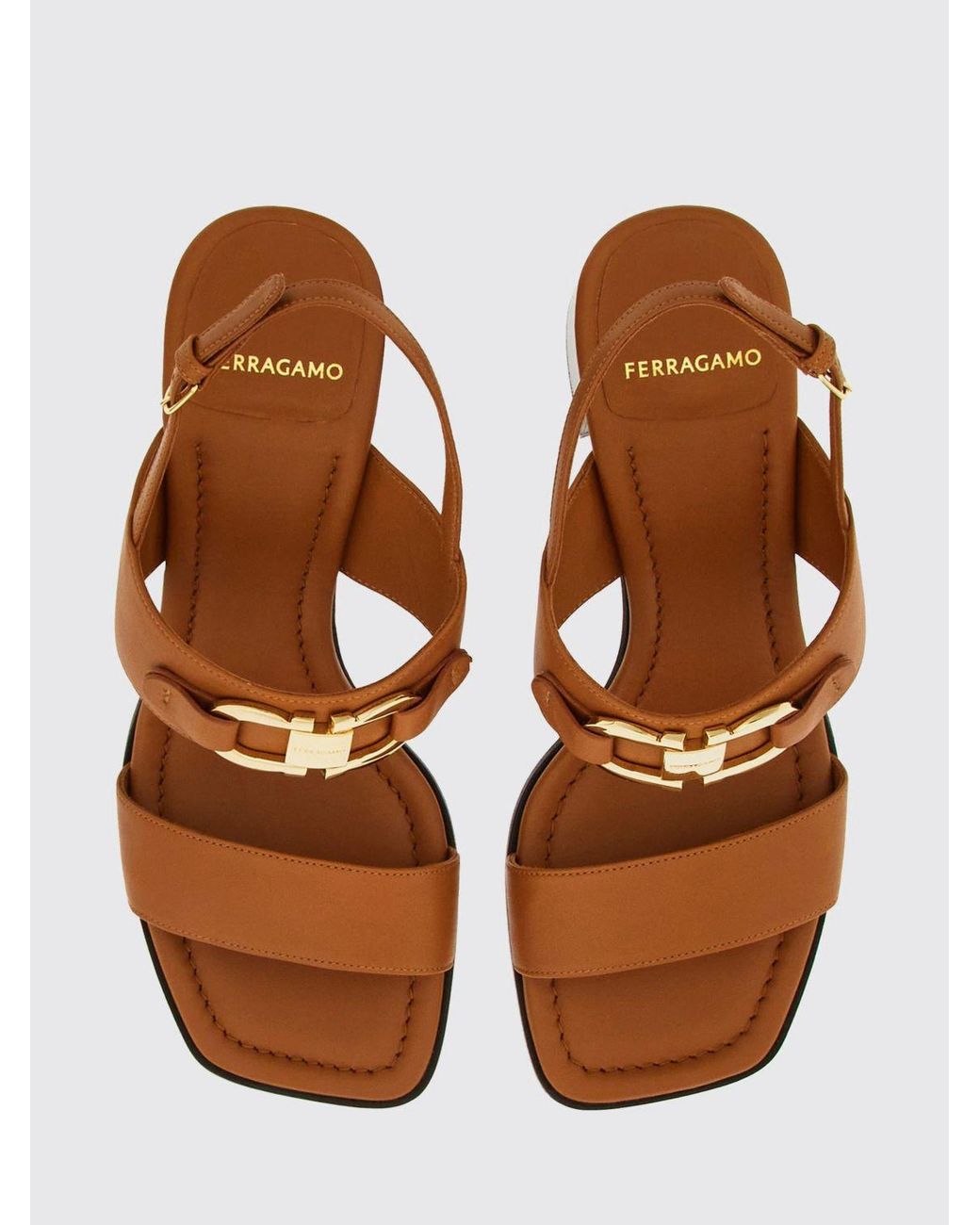Ferragamo Brown Gancini Logo Calfskin Slingback Sandals With A Block Heel