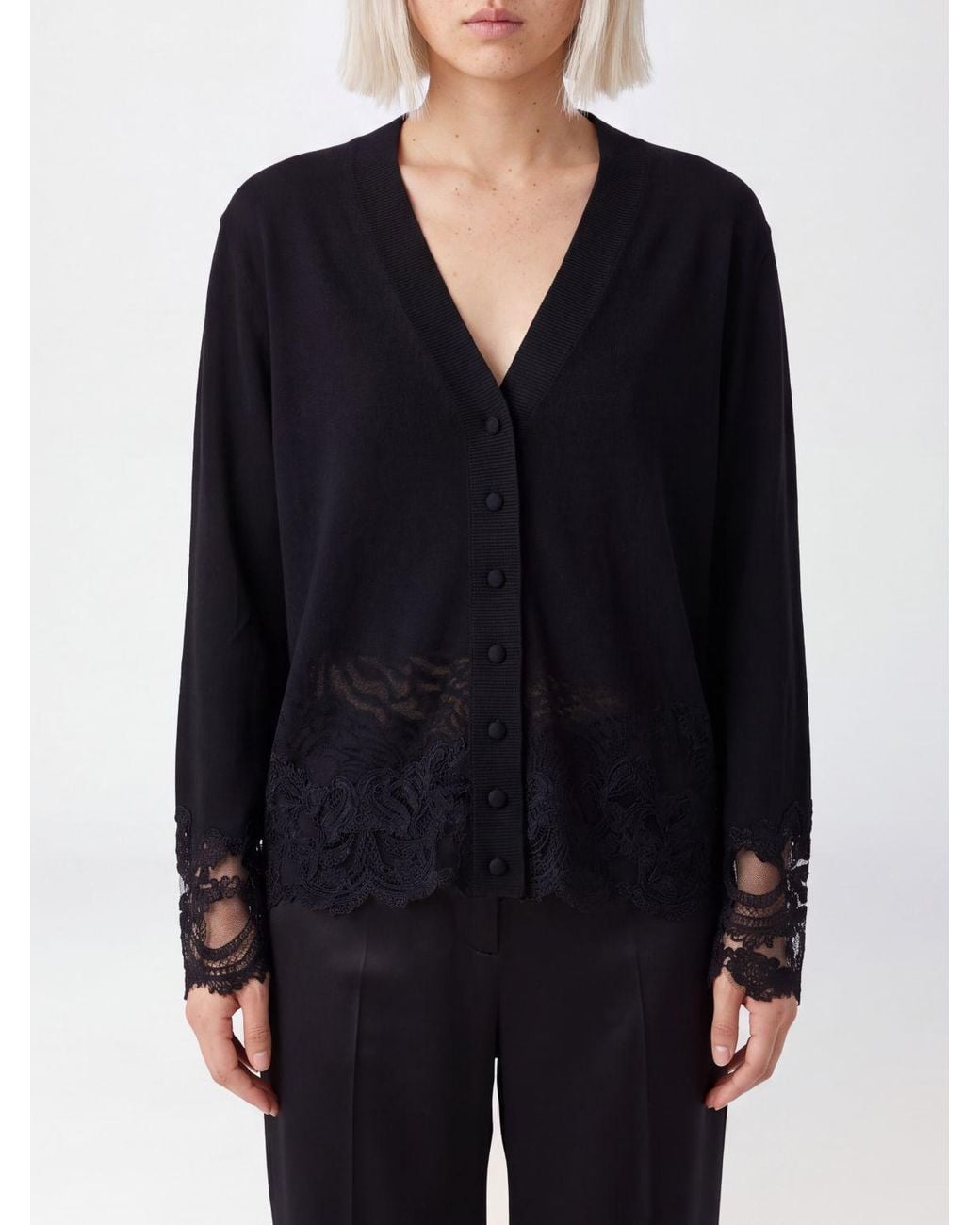 Ermanno Scervino Blue V-Neck Virgin Wool Cardigan With Lace Inserts
