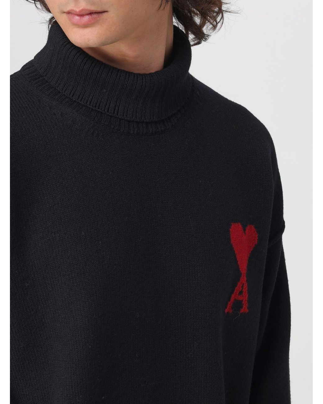 AMI Blue Wool Turtleneck Jumper With Jacquard Logo And Dropped Shoulders for men