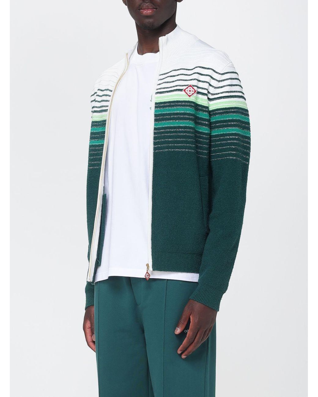 Casablanca Green Striped Cotton-Blend Cardigan With A Turtleneck And Zip Closure for men