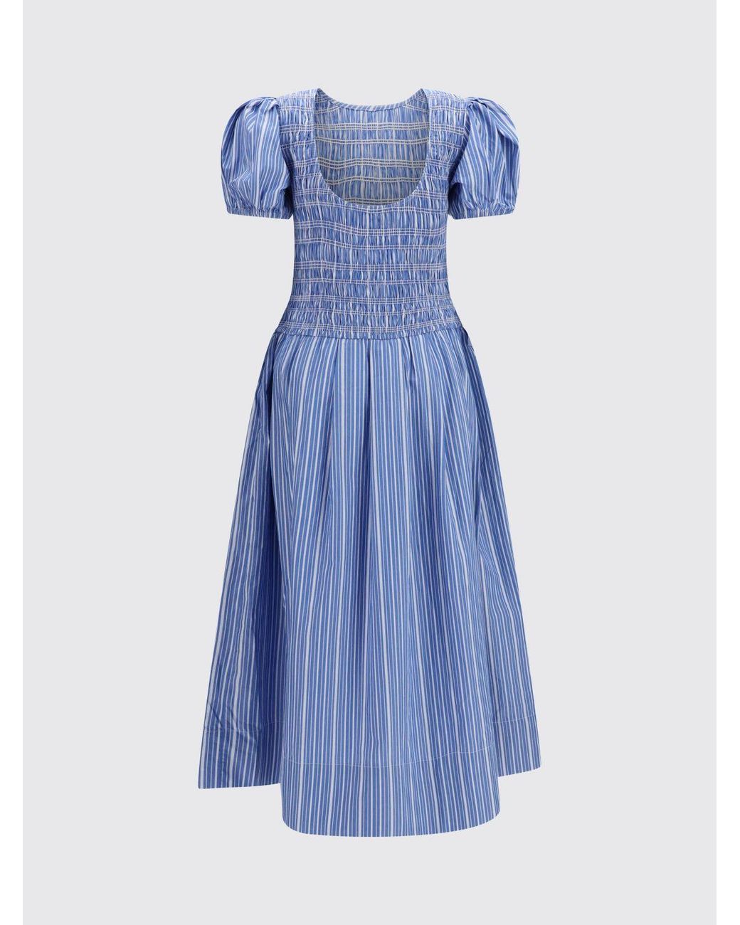 Ganni Blue Striped Cotton Midi Dress With Puff Sleeves