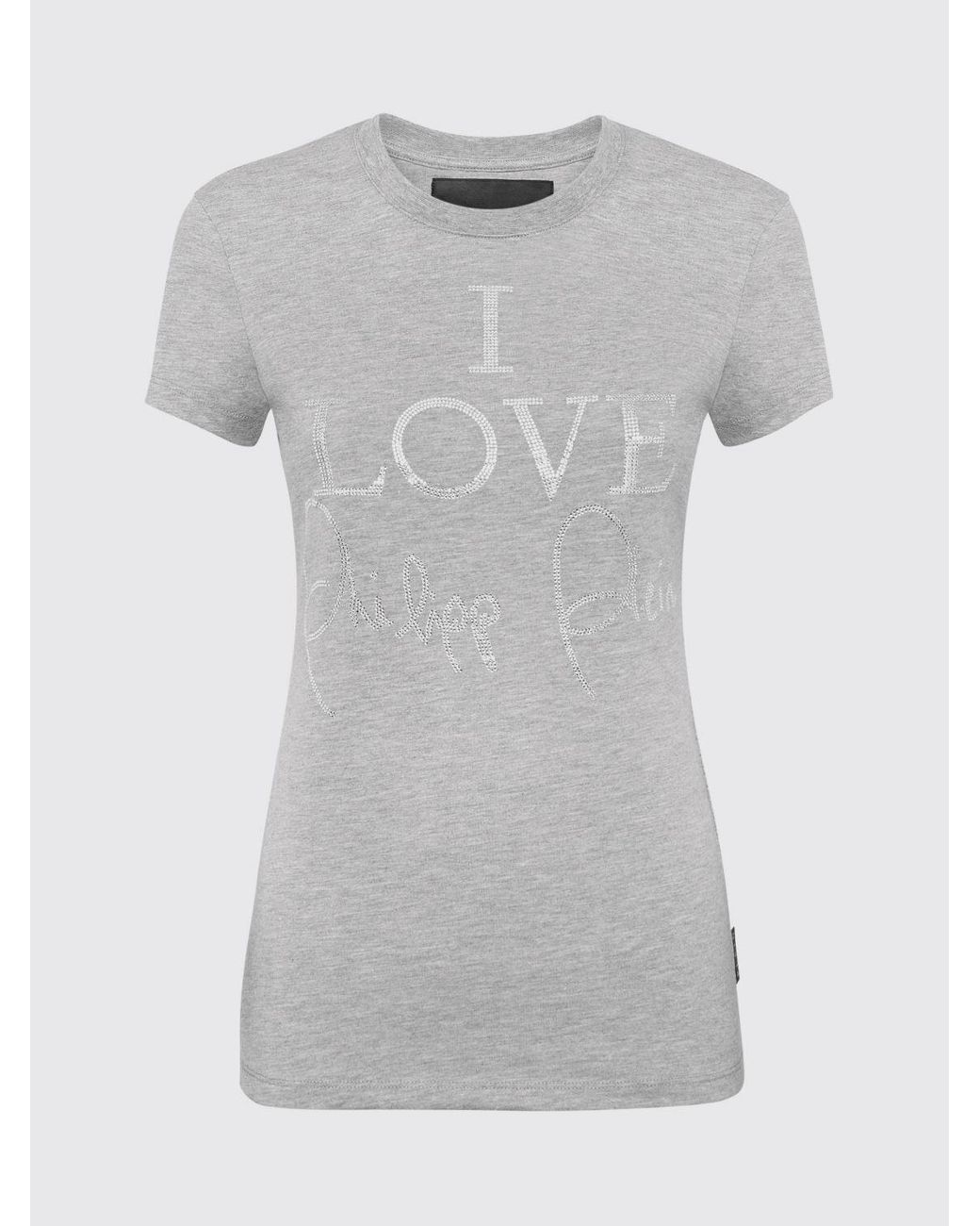 Philipp Plein Gray Jersey T-Shirt With Slogan Print And Rhinestone Embellishments