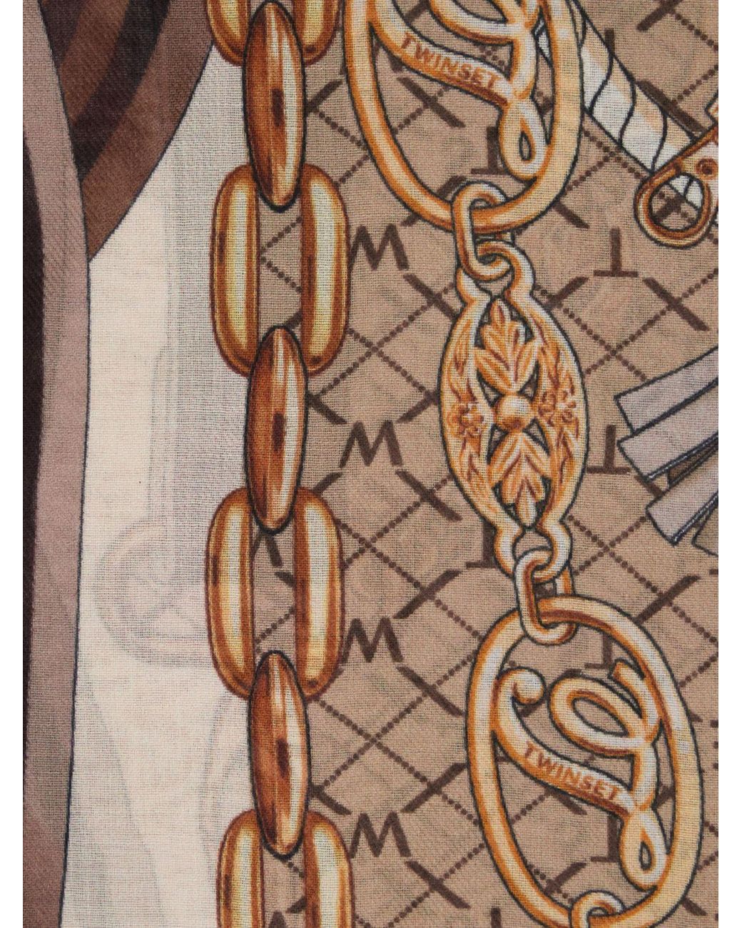 Twinset Brown Square Modal Foulard With All-Over Graphic And Logo Print