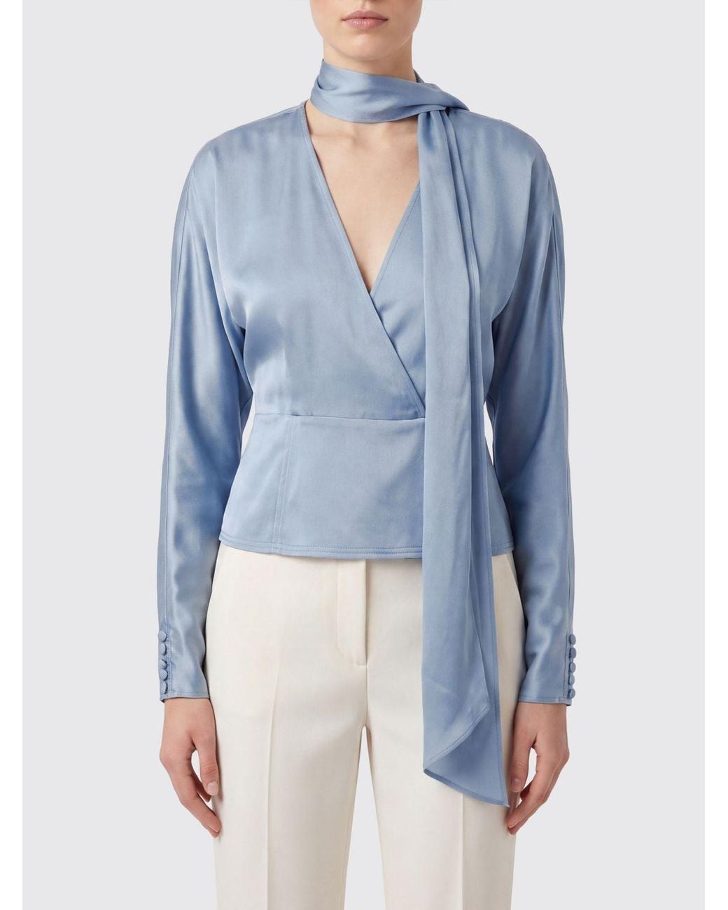 Ganni Blue Pussy-Bow Long-Sleeved Satin Blouse With Dropped Shoulders