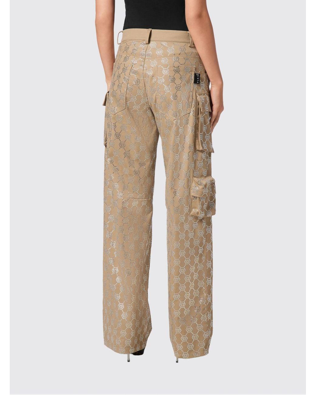 Philipp Plein Natural Cotton Cargo Trousers With Rhinestones