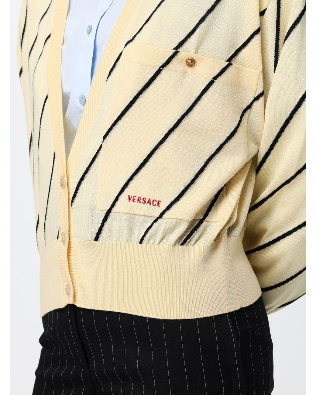 Versace Natural Striped Wool Blend Cardigan With Contrasting Logo And V-Neck