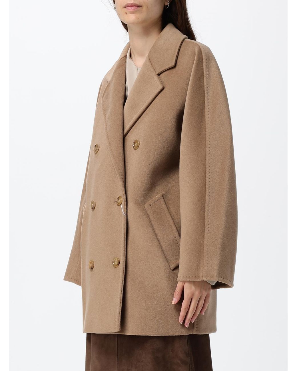 Max Mara Natural Double-Breasted Wool Caban Coat With Relaxed Fit And Lapel Collar