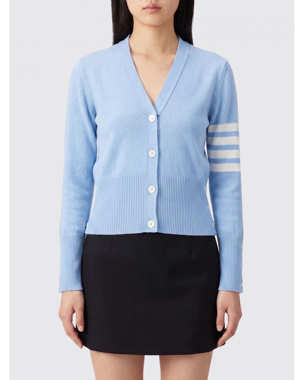 Thom Browne Blue V-Neck 100% Cashmere Cardigan With 4-Bar Detail