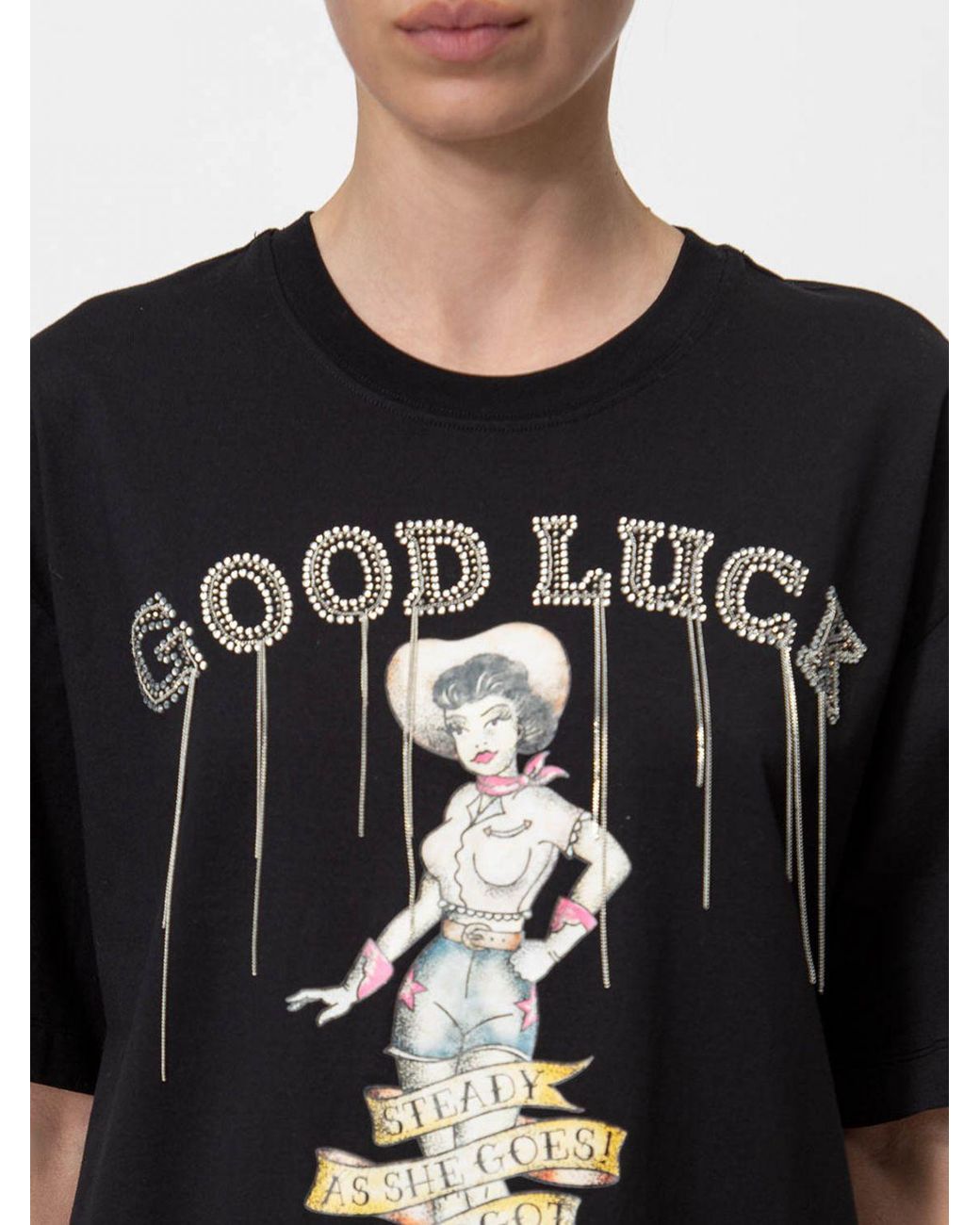 Twinset Black Fringed Cotton T-Shirt With Contrast Slogan Print