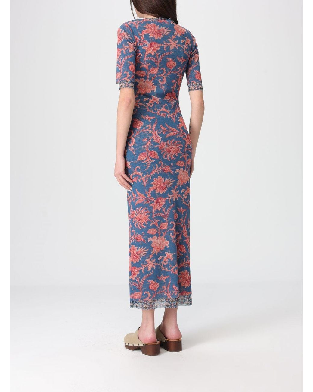Etro Blue Printed Stretch Tulle Midi Dress