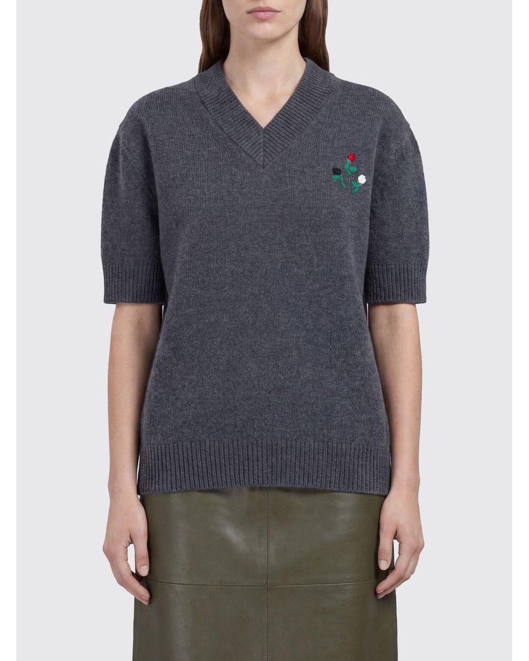 Marni Gray V-Neck Virgin Wool And Cashmere Sweater With Embroidery