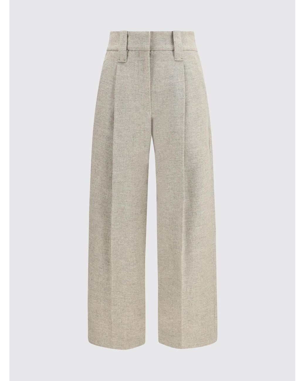 Brunello Cucinelli Natural Pleated Wide-Leg Wool Trousers