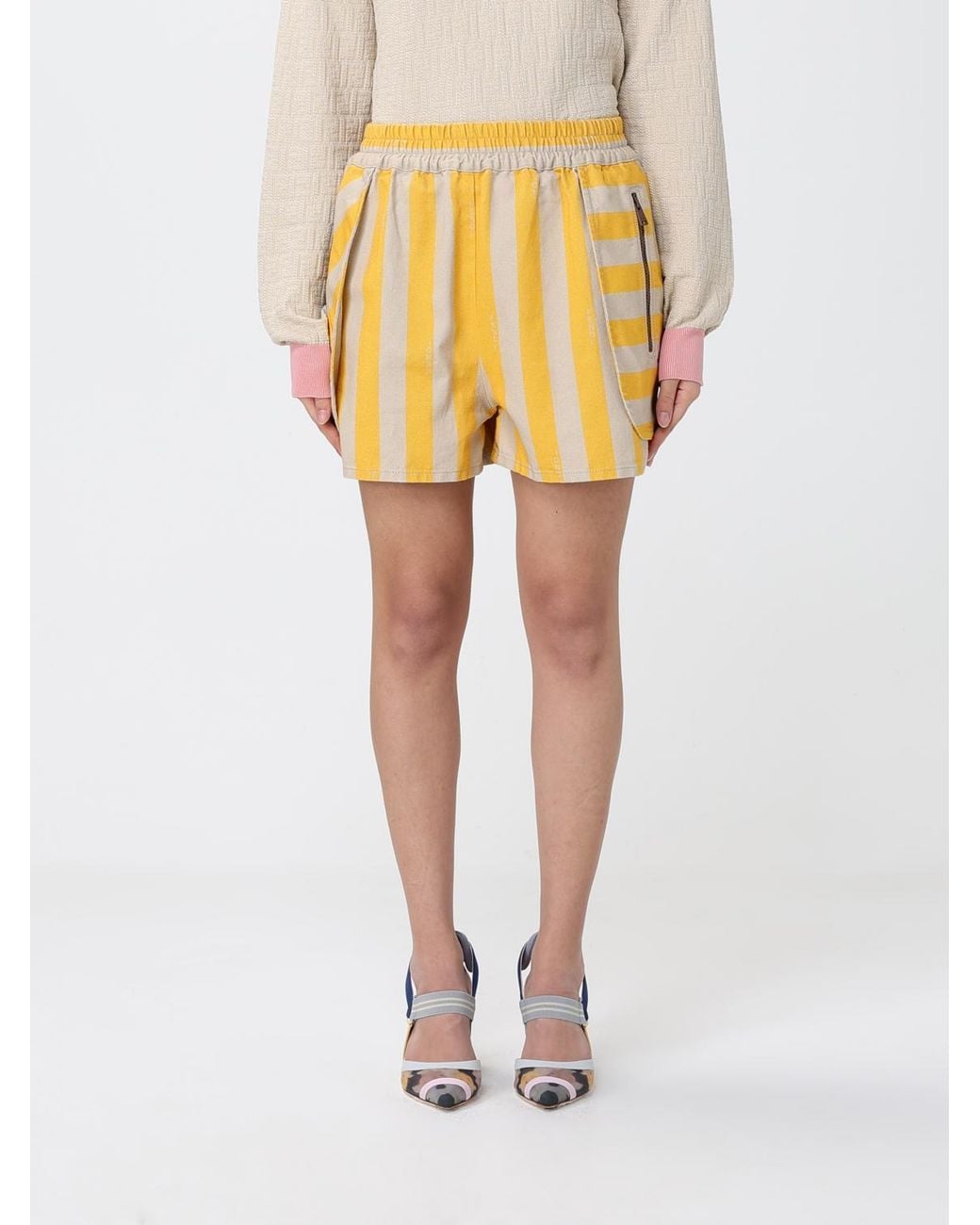 Pantalones Cortos De Algodón Y Seda A Rayas Fendi de color Yellow