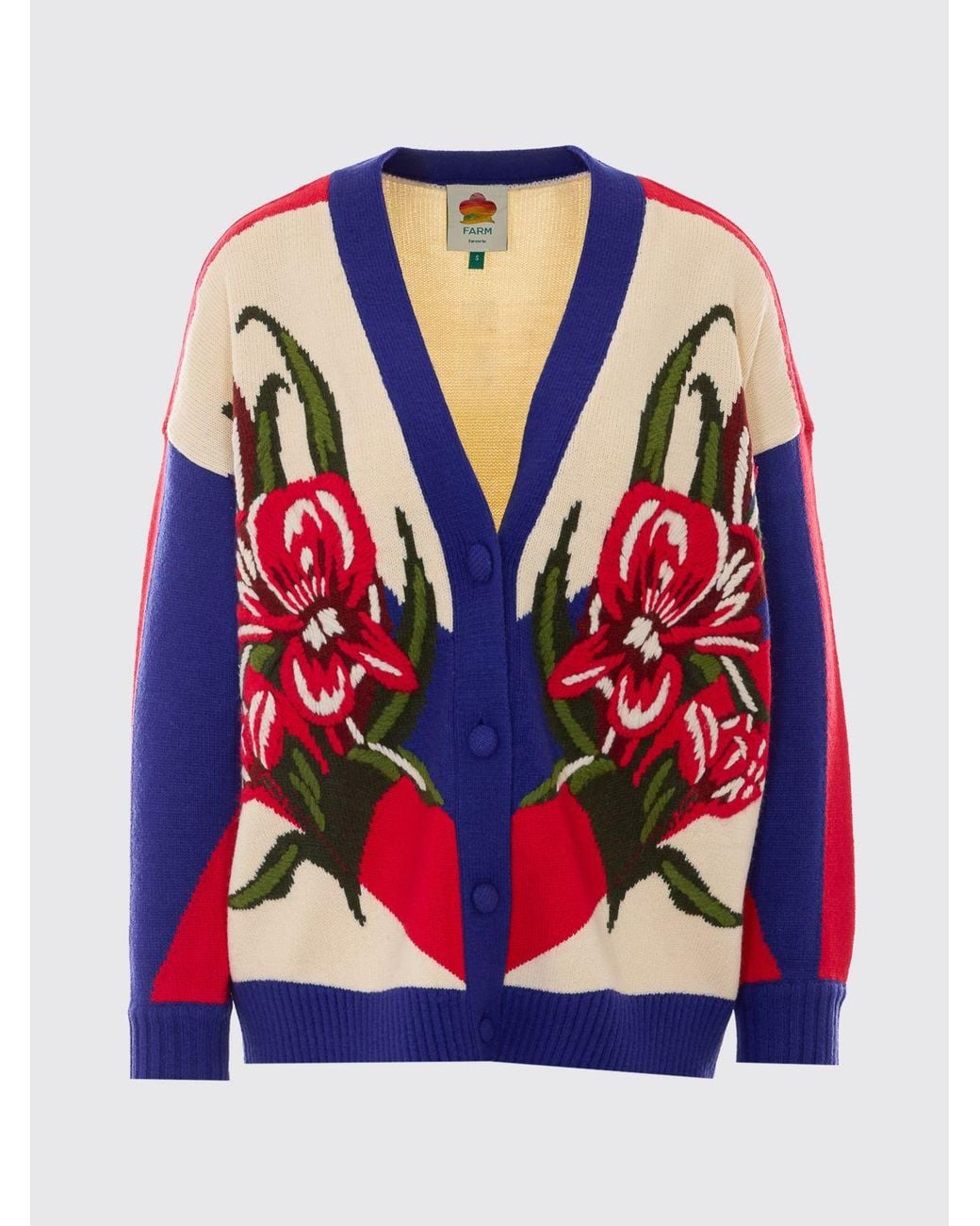Farm Rio Red Floral Print Wool Blend Cardigan With Dropped Shoulders