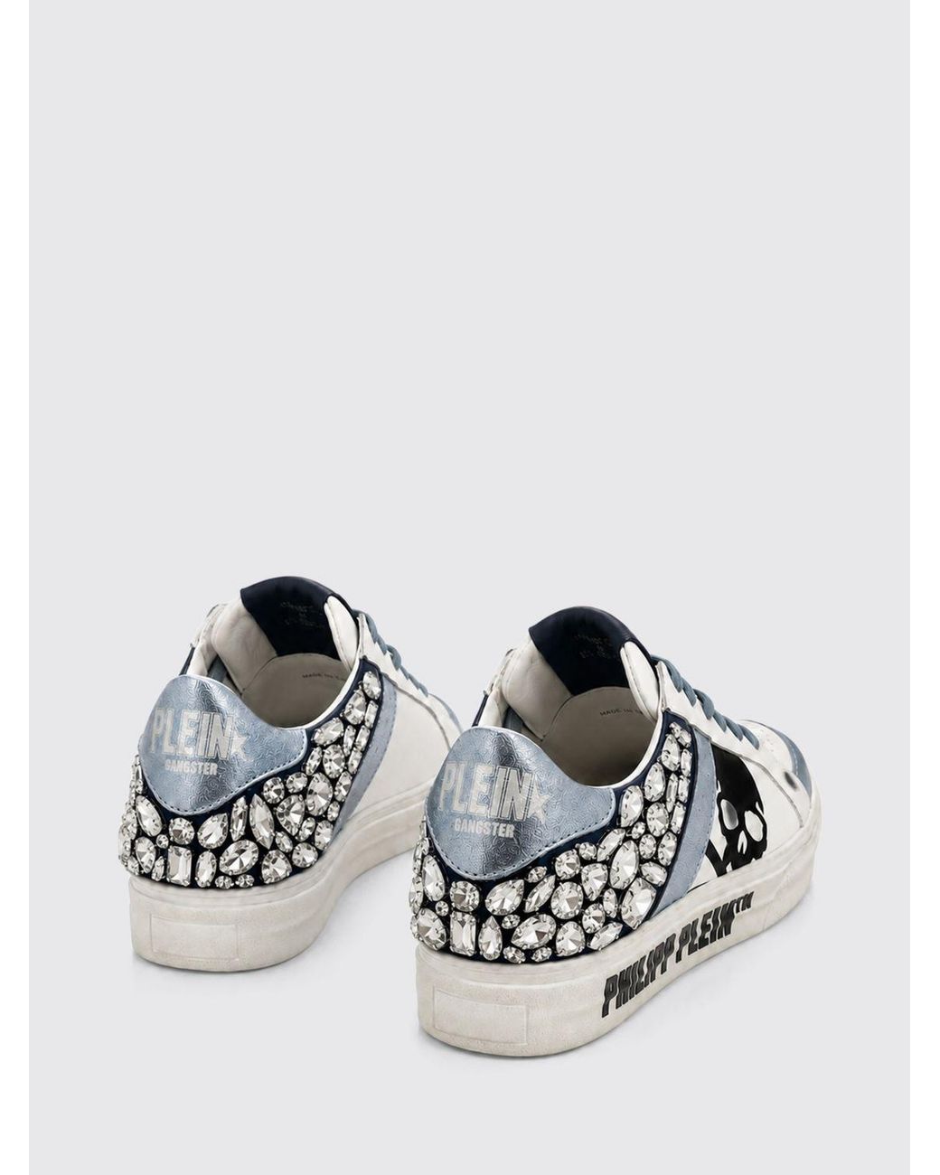Philipp Plein White Skull Print Leather Low-Top Sneakers With Crystals
