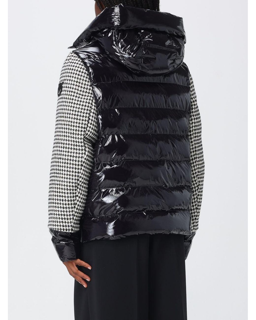 Pinko Gray Short Quilted Vichy Tweed And Nylon Down Jacket With Hood
