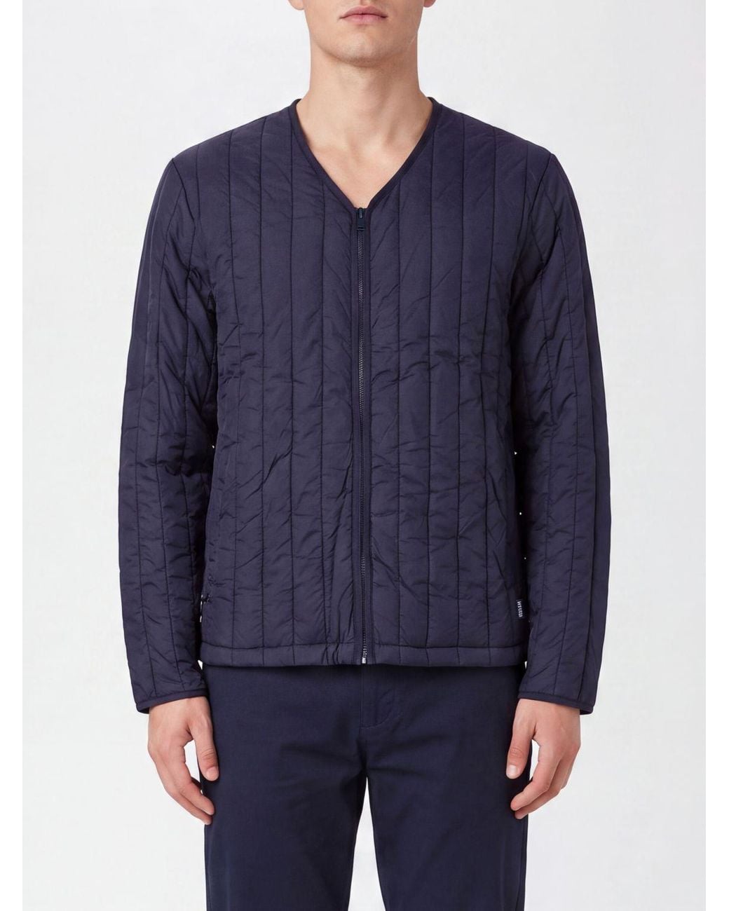 Rains Blue Quilted V-Neck Puffer Jacket for men