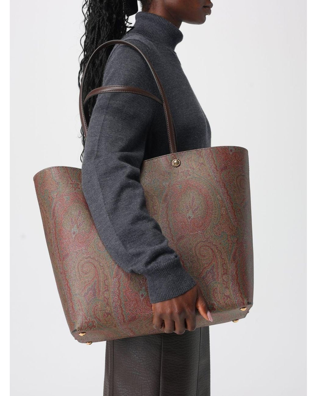 Etro Brown Arnica Coated Cotton Shopper Bag With Paisley Jacquard