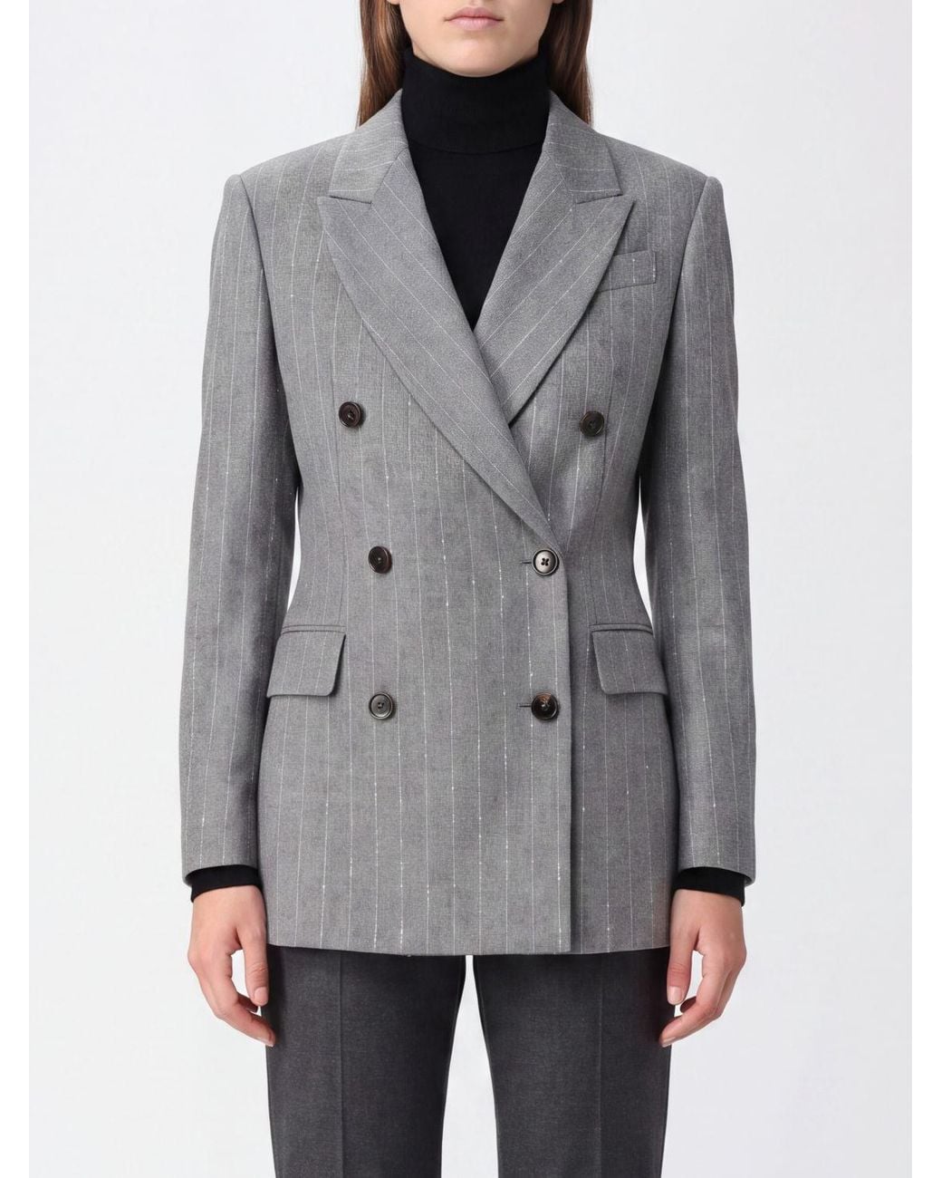 Brunello Cucinelli Gray Pinstripe Wool Short Double-Breasted Blazer With Sequins
