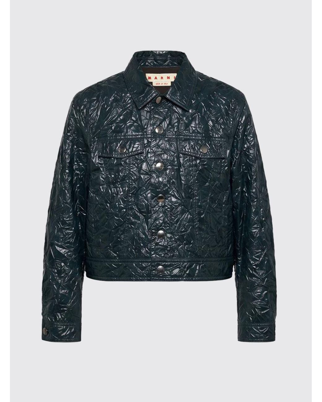 Marni Blue Crinkled-Effect Faux Leather Cropped Jacket With Buttons