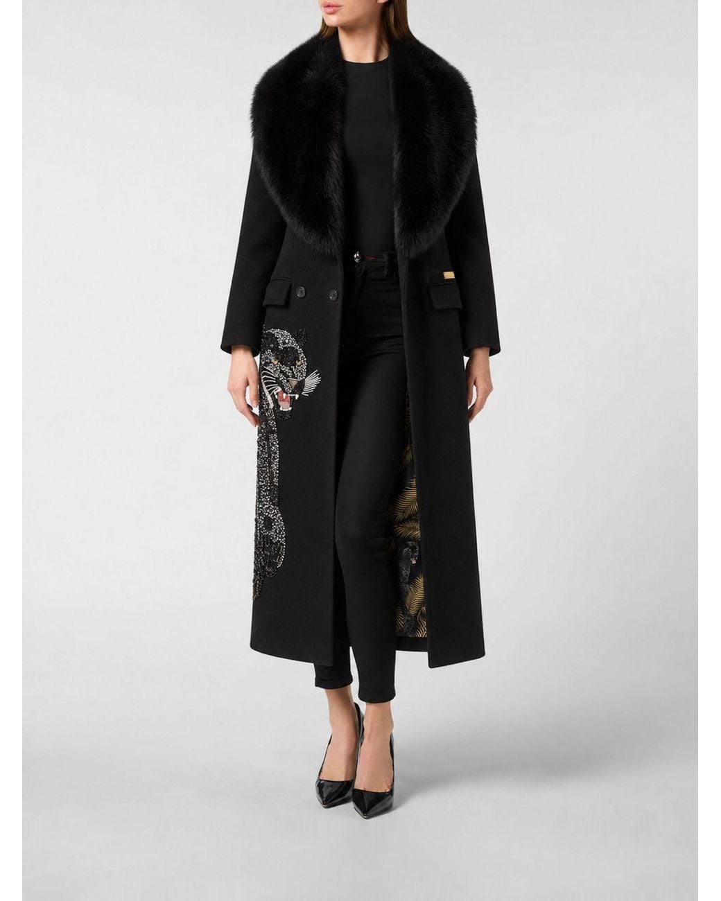 Philipp Plein Black Double-Breasted Long Coat