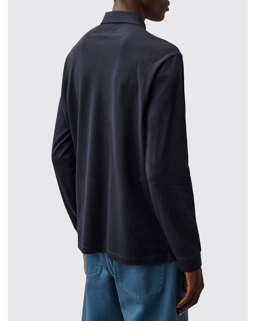 C P Company Blue Long-Sleeved Cotton Polo Shirt With Contrast Logo And Ribbed Collar for men