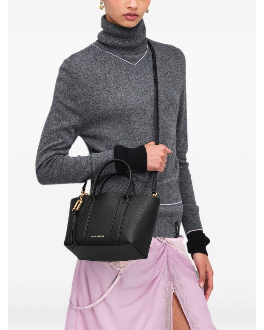 Marc Jacobs Black The Pop J Marc Work Tote Mini Grained Leather Bag With Shoulder Strap