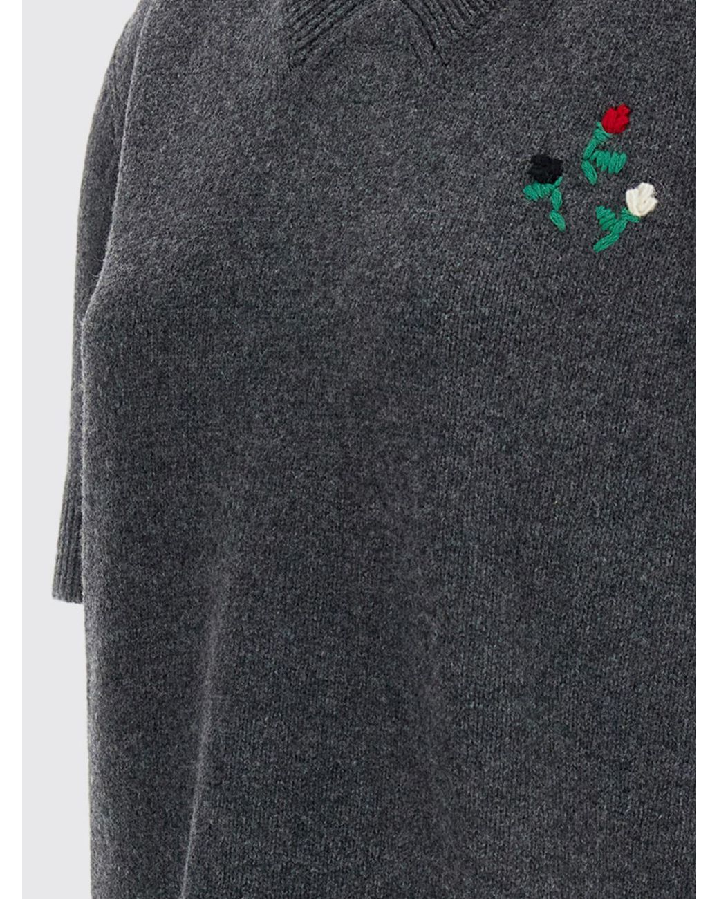 Marni Gray V-Neck Virgin Wool And Cashmere Sweater With Embroidery