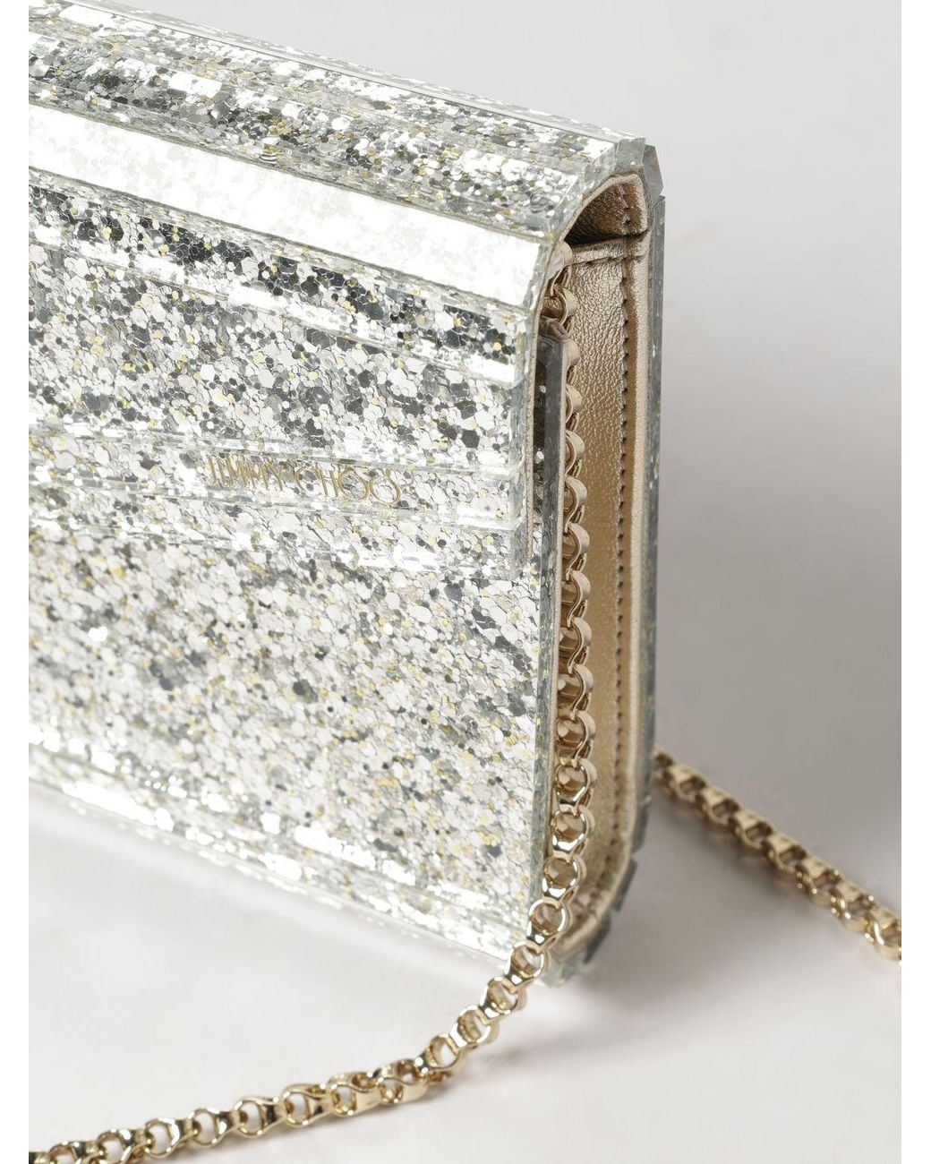 Jimmy Choo Gray Candy Rigid Glitter Resin Clutch With Removable Shoulder Strap