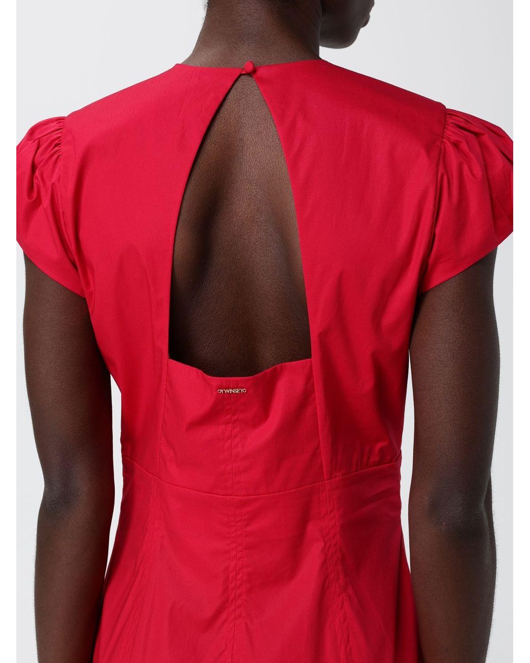 Twinset Red A-Line Stretch Cotton Midi Dress With V-Neck And Short Sleeves