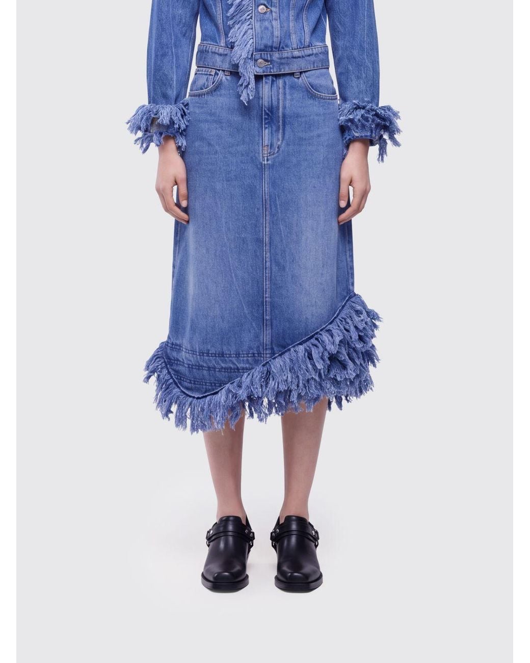 Rabanne Blue High-Waisted Cotton Denim Midi Skirt With Ruffles And Embroidery